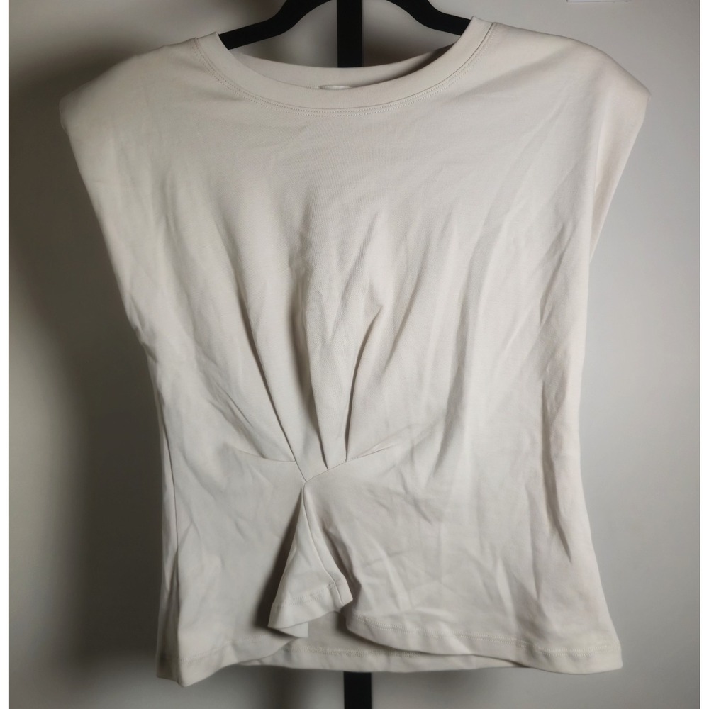 Aaron & Amber Women S Sleeveless Padded Shoulder Tank Beige Modern Abstract Chic